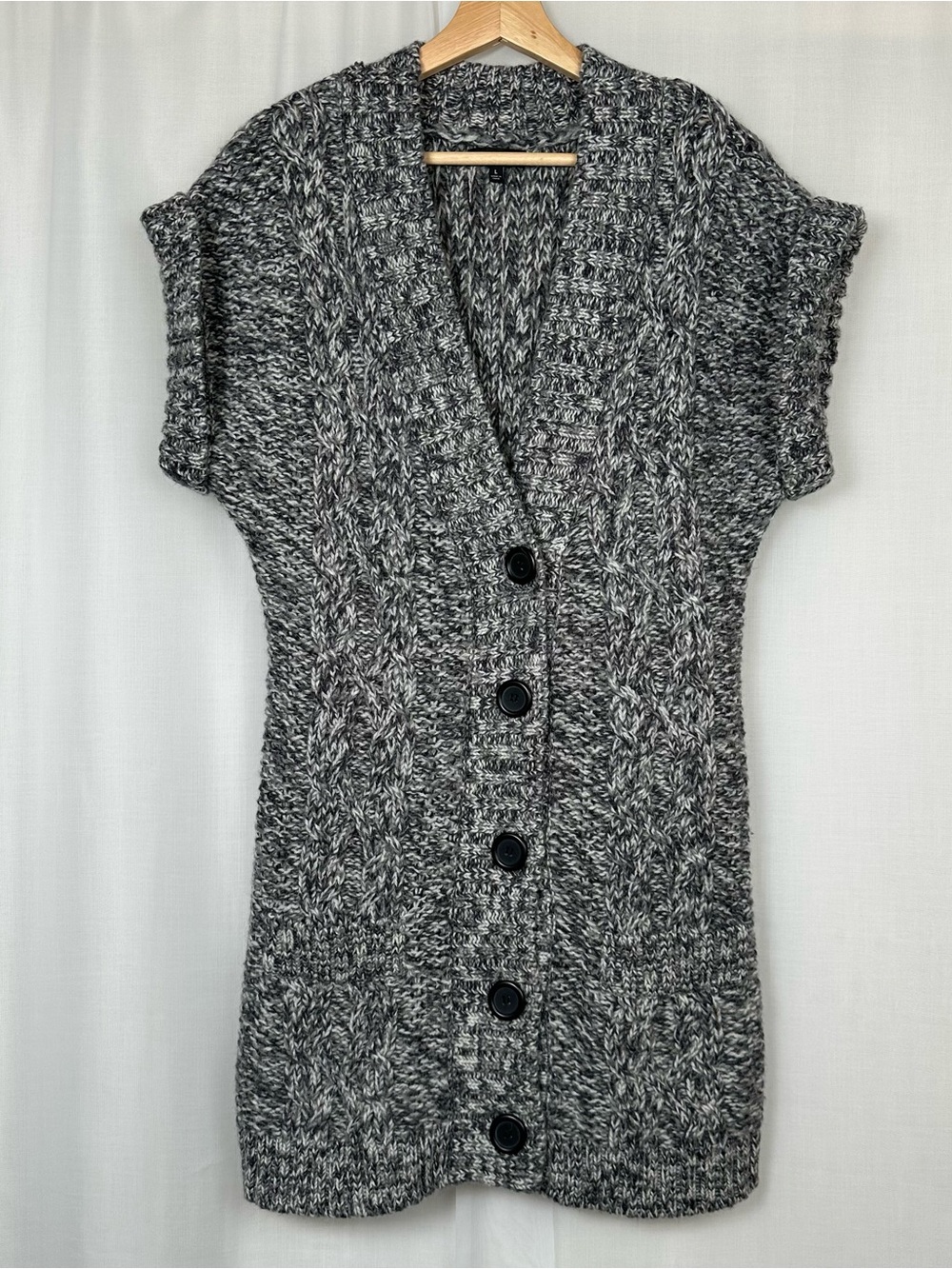 Express Alpaca Wool Blend Longline Cable Knit Cardigan Vest Sweater Tunic Gray L